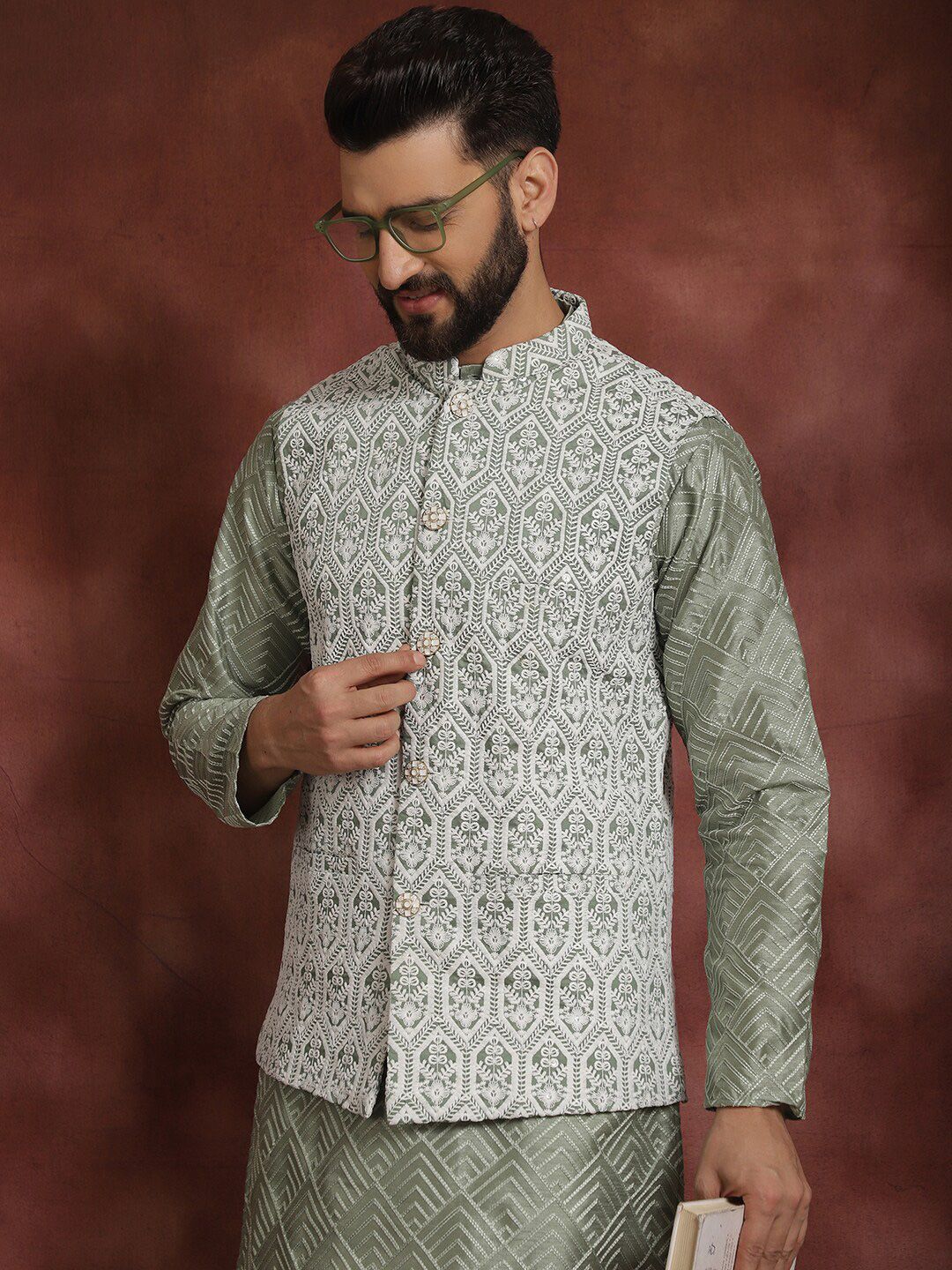 Anouk Floral Woven Design Mandarin Collar Long Sleeves Kurta with Churidar Nehru Jacket