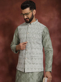 Anouk Floral Woven Design Mandarin Collar Long Sleeves Kurta with Churidar Nehru Jacket