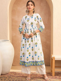 Shae by SASSAFRAS Floral Block Printed Keyhole Neck Anarkali Pure Cotton Kurta