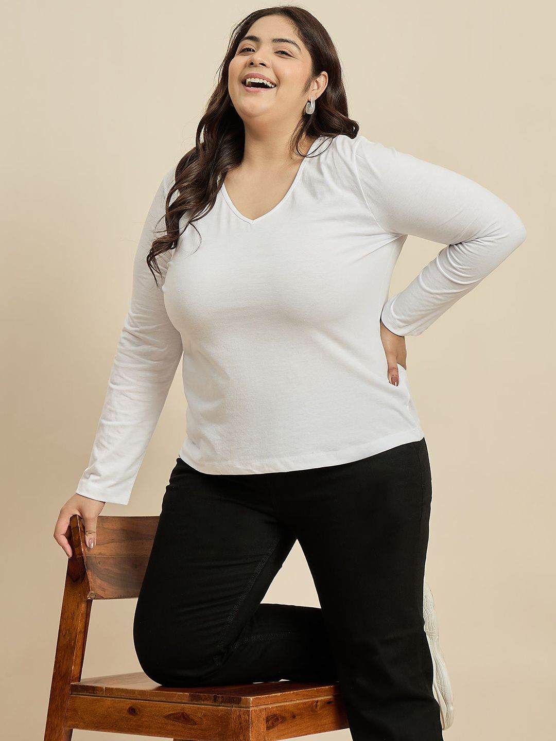 CURVY STREET Women Solid V-Neck Cotton Plus Size T-shirt