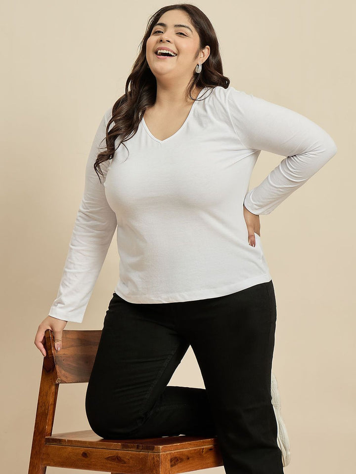 CURVY STREET Women Solid V-Neck Cotton Plus Size T-shirt