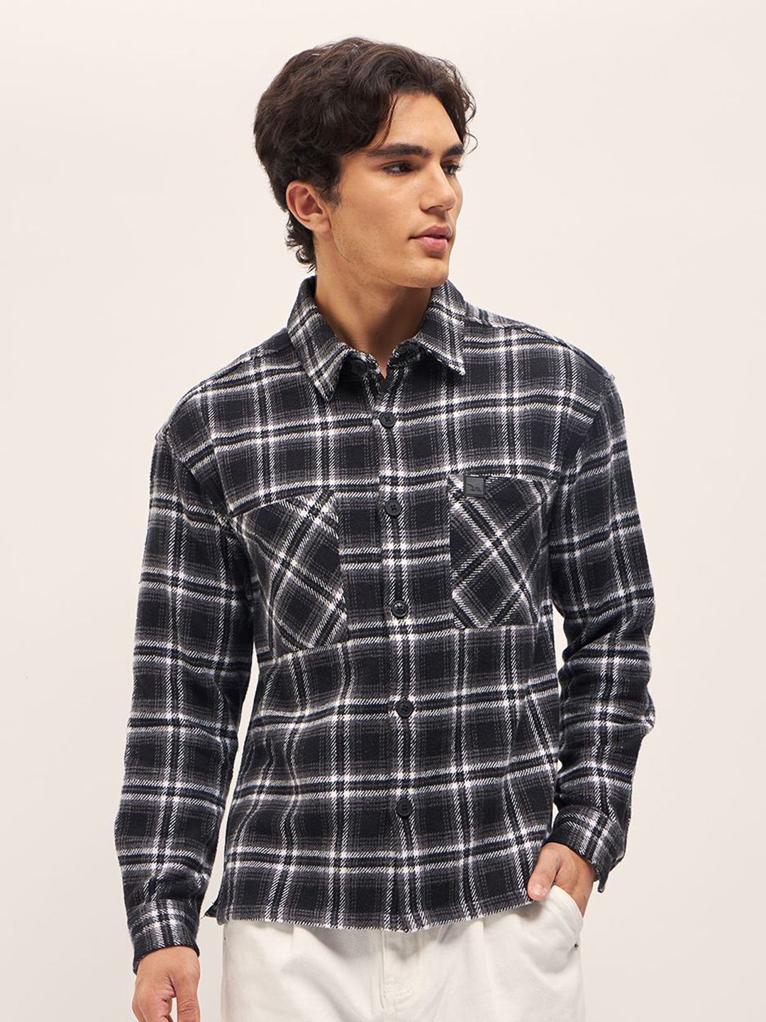 THE BEAR HOUSE Pure Cotton Spread Collar Tartan Checked Relaxed Fit Casual Shirt