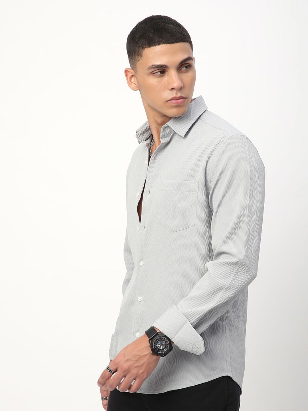 VASTRADO Men Classic Spread Collar Vertical Stripes Self Design Slim Fit Casual Shirt