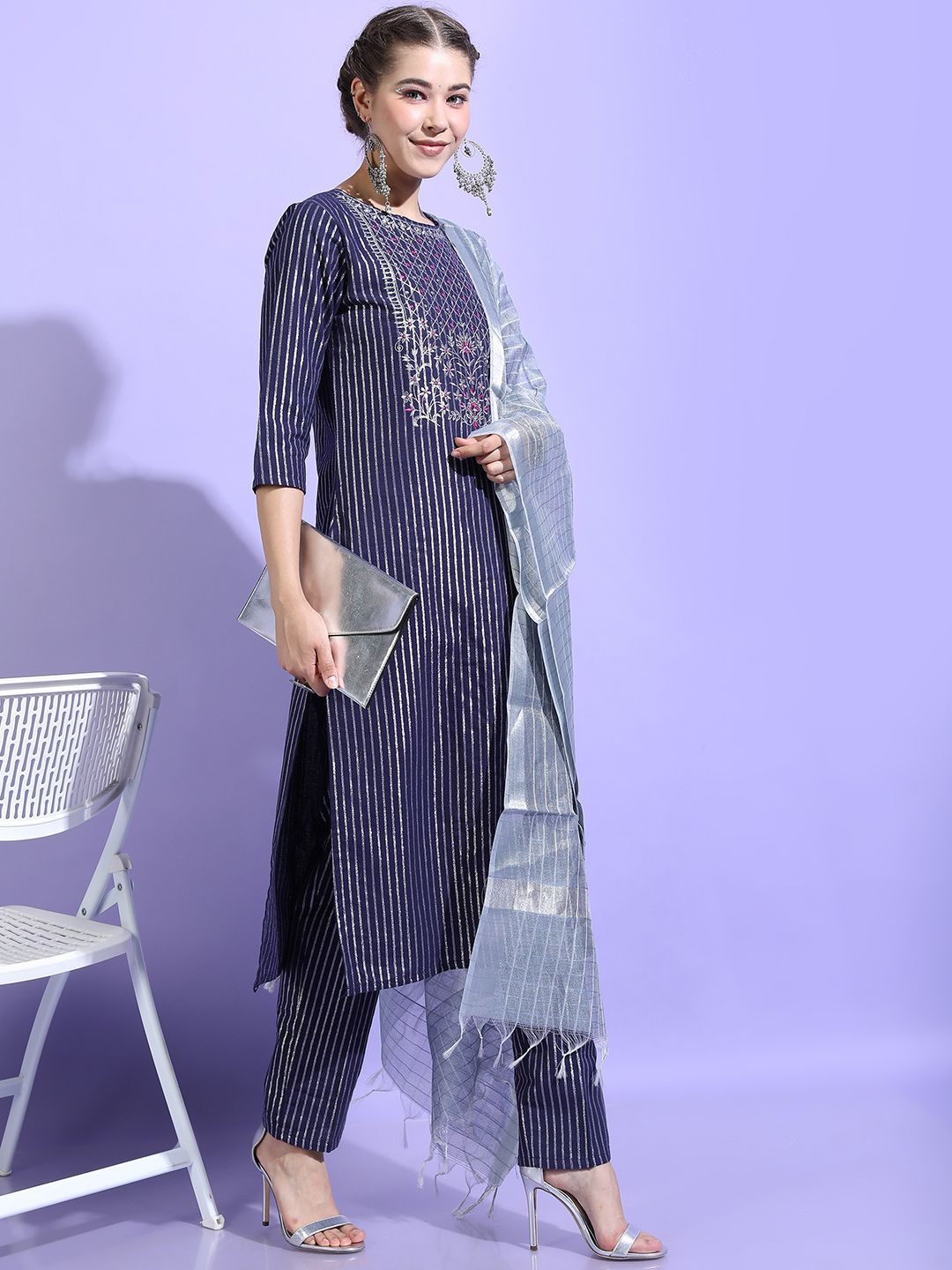 Vishudh Women Striped Regular Pure Cotton Kurta with Palazzos & With Dupatta