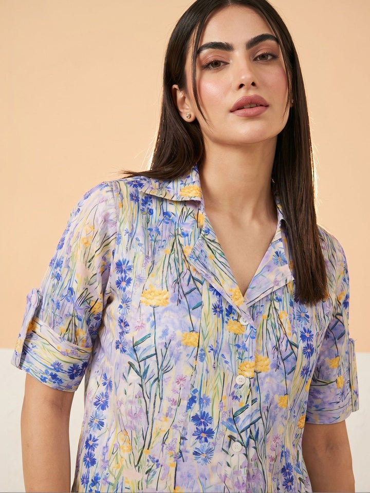 Mamicha Floral Print Roll-Up Sleeves Shirt Style Top