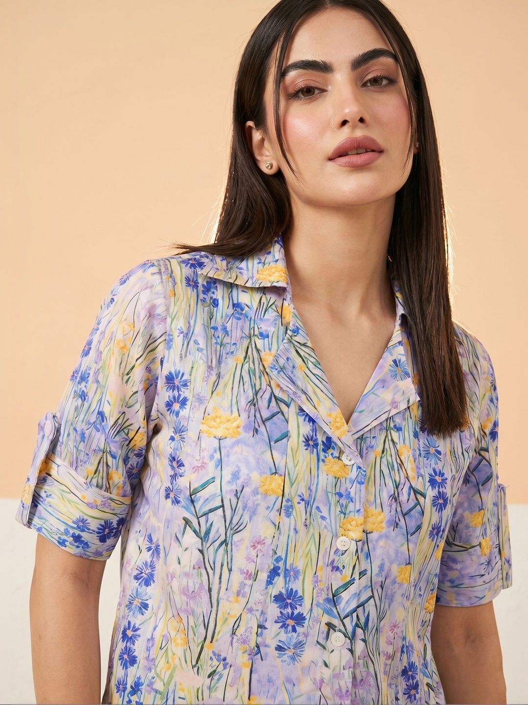 Mamicha Floral Print Roll-Up Sleeves Shirt Style Top