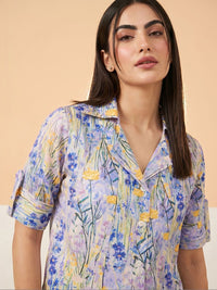 Mamicha Floral Print Roll-Up Sleeves Shirt Style Top