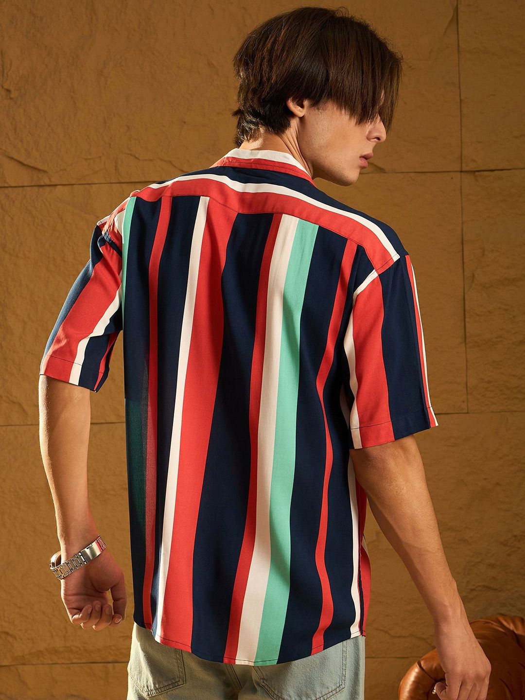 DENNISON Men Relaxed Cuban Collar Vertical Striped Oversized Casual Shirt