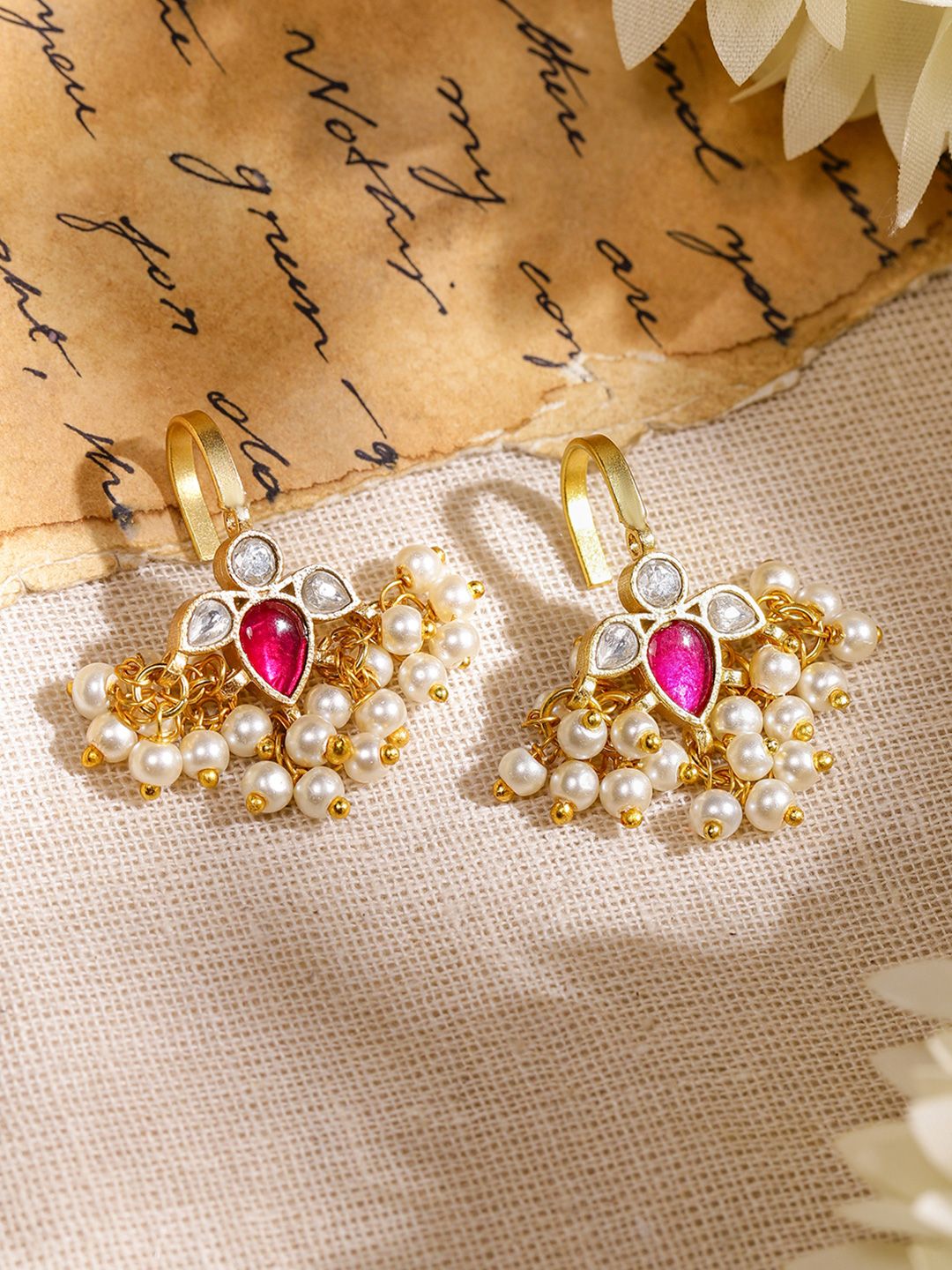 Rubans 22K Gold-Plated Ruby Pink & White Kundan Handcrafted Ear Cuff with Pearl Beads
