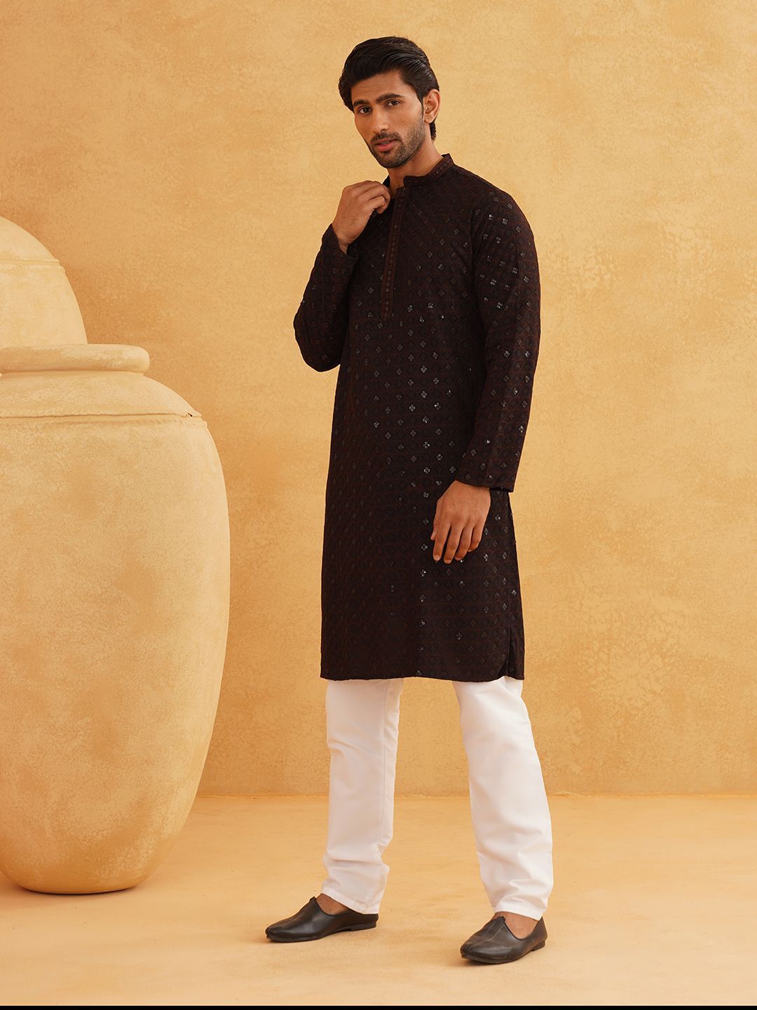 SOJANYA Motif Etnik Bersulam Kolar Mandarin Labuci Kapas Tulen Kurta Lurus