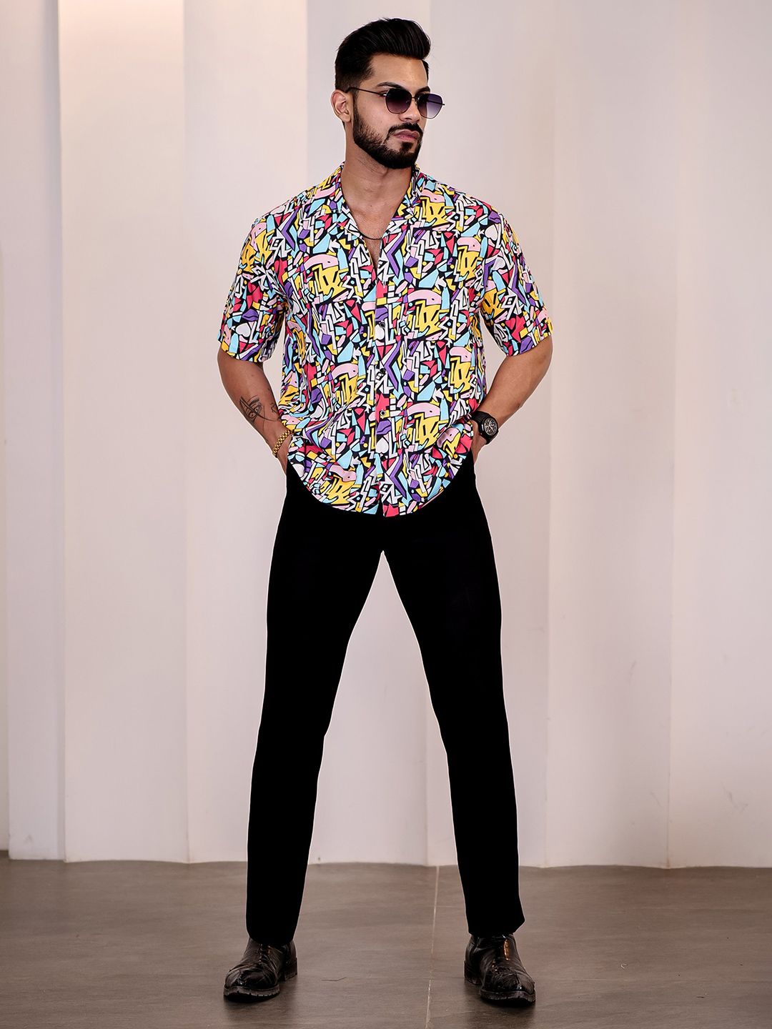 Eszett Men Abstract Printed Cuban Collar Casual Shirt