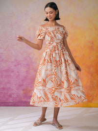 Sanskrutihomes Wanita Bercetak Kapas Bercetak Fit & Flare Dress