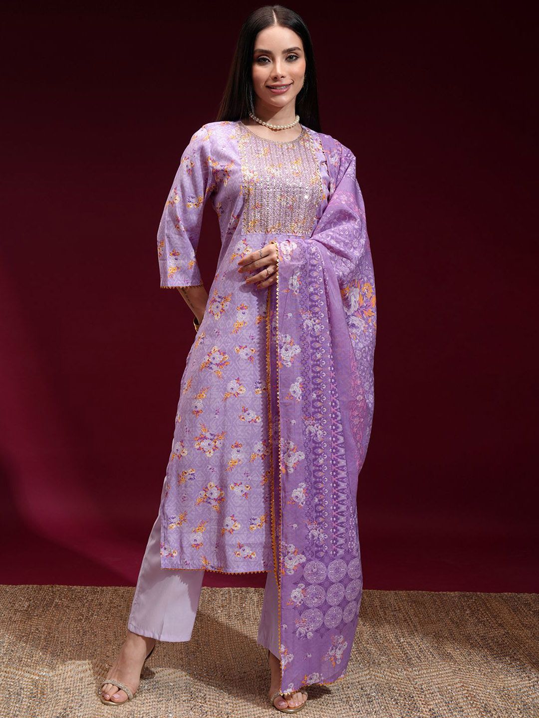 Vishudh Women Embroidered Yoke Printed Kurta with Solid Pant and Printed Dupatta