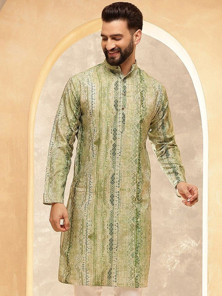 SOJANYA Motif Etnik Printed Band Collar Cotton Silk Straight Kurta