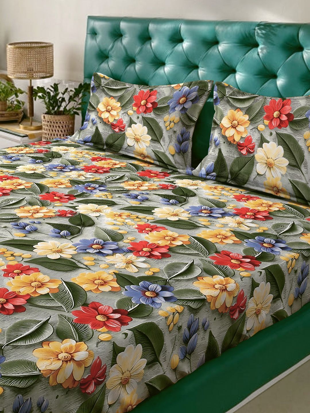Myntra Elegant Green Floral Printed Fitted 300 TC King 7D Bedsheet with 2 Pillow Covers
