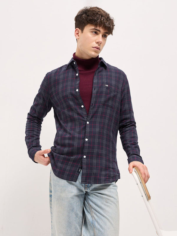 THE BEAR HOUSE Men Spread Collar Tartan Checked Slim Fit Shirt