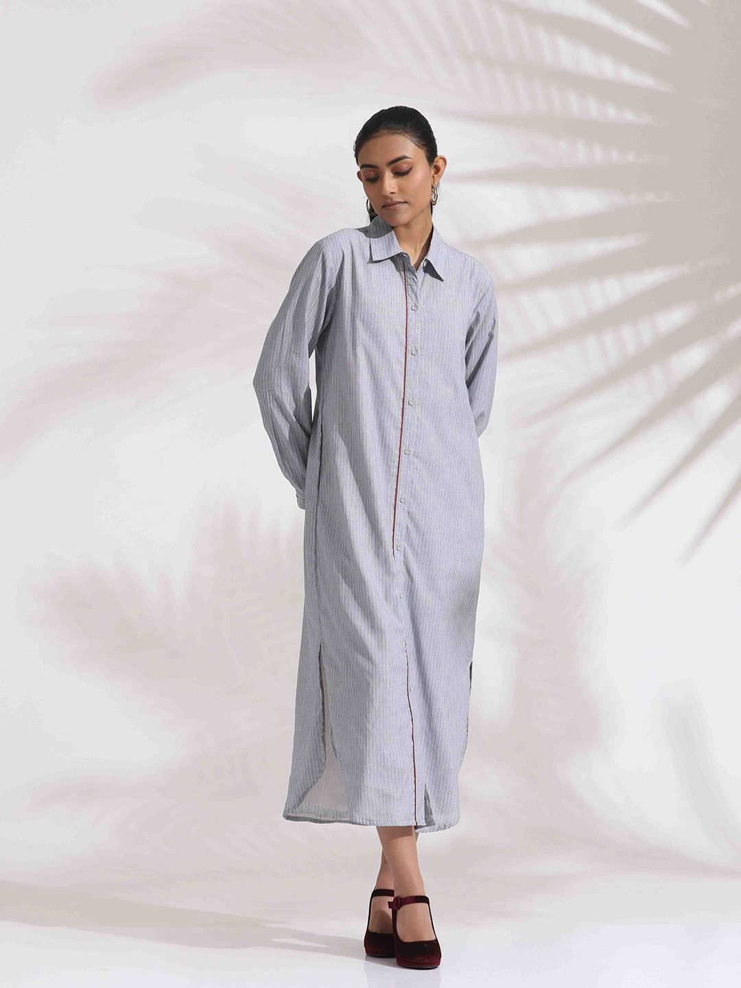 trueBrowns Women Grey Stripe Cotton Shirt Dress