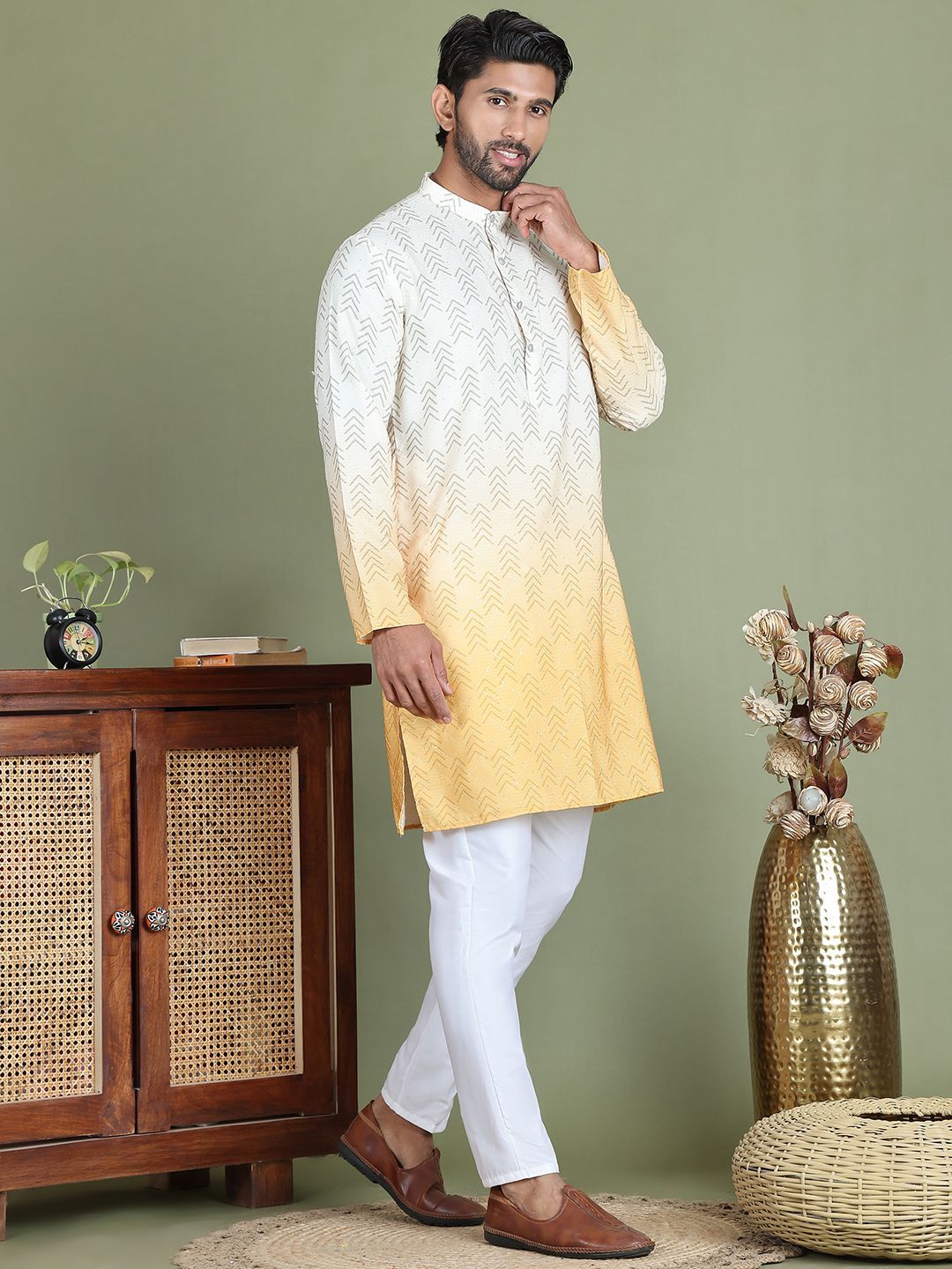 Anouk Abstract Print Mandarine collar straight Kurta with Pyjamas