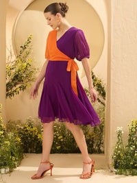 Antheaa Women Colourblocked Layered Chiffon Wrap Dress