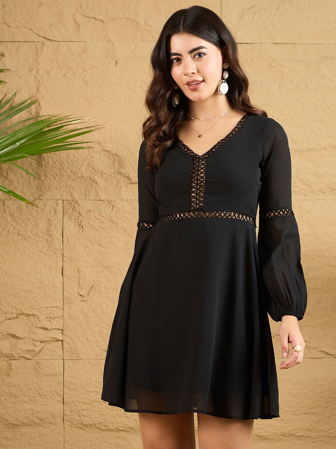 Berrylush Women Bishop Sleeve A-Line Mini Dress