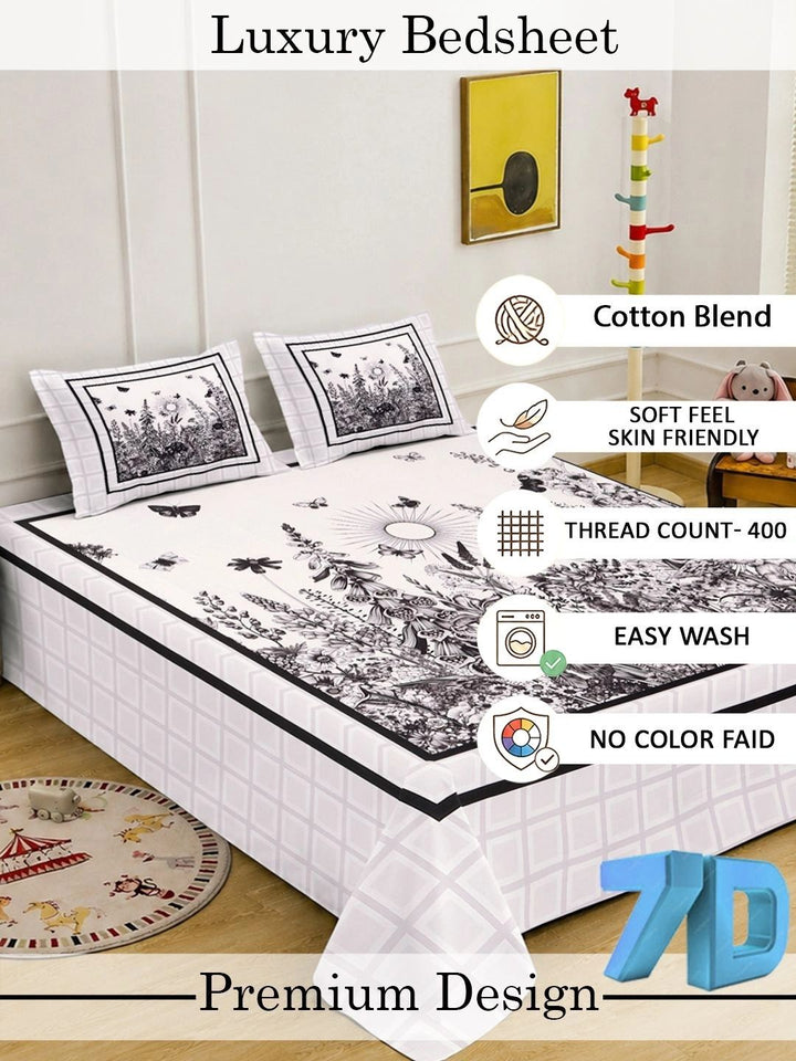 KLOTTHE White Floral Printed Fitted 400 TC King 7D Bedsheet with 2 Pillow Covers