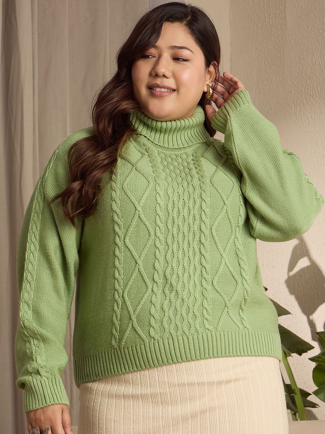 Berrylush Curve Women Cable Knit Self Design Pullover