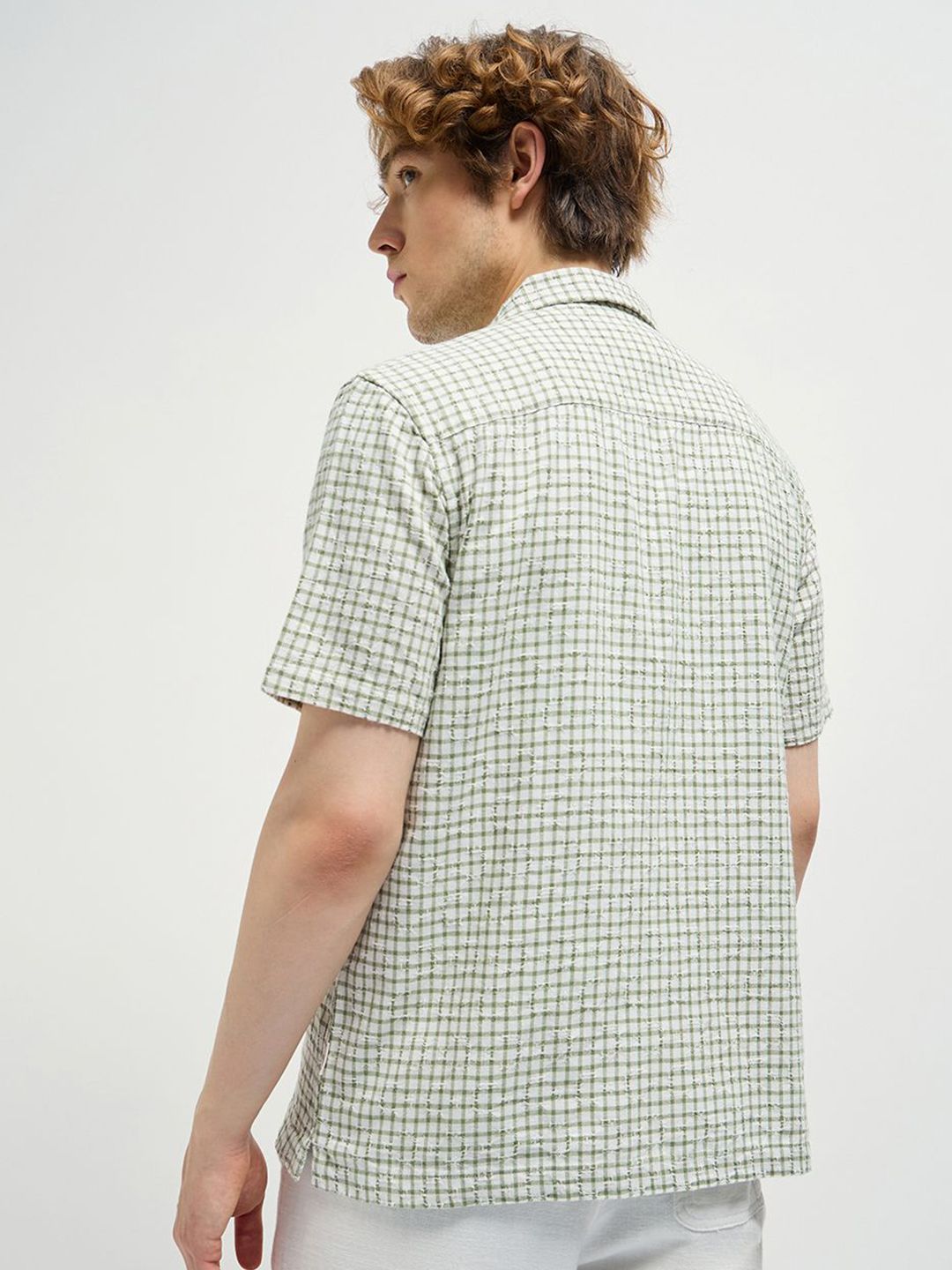 THE BEAR HOUSE Men Cuban Collar Micro Checked Cotton Casual Shirt