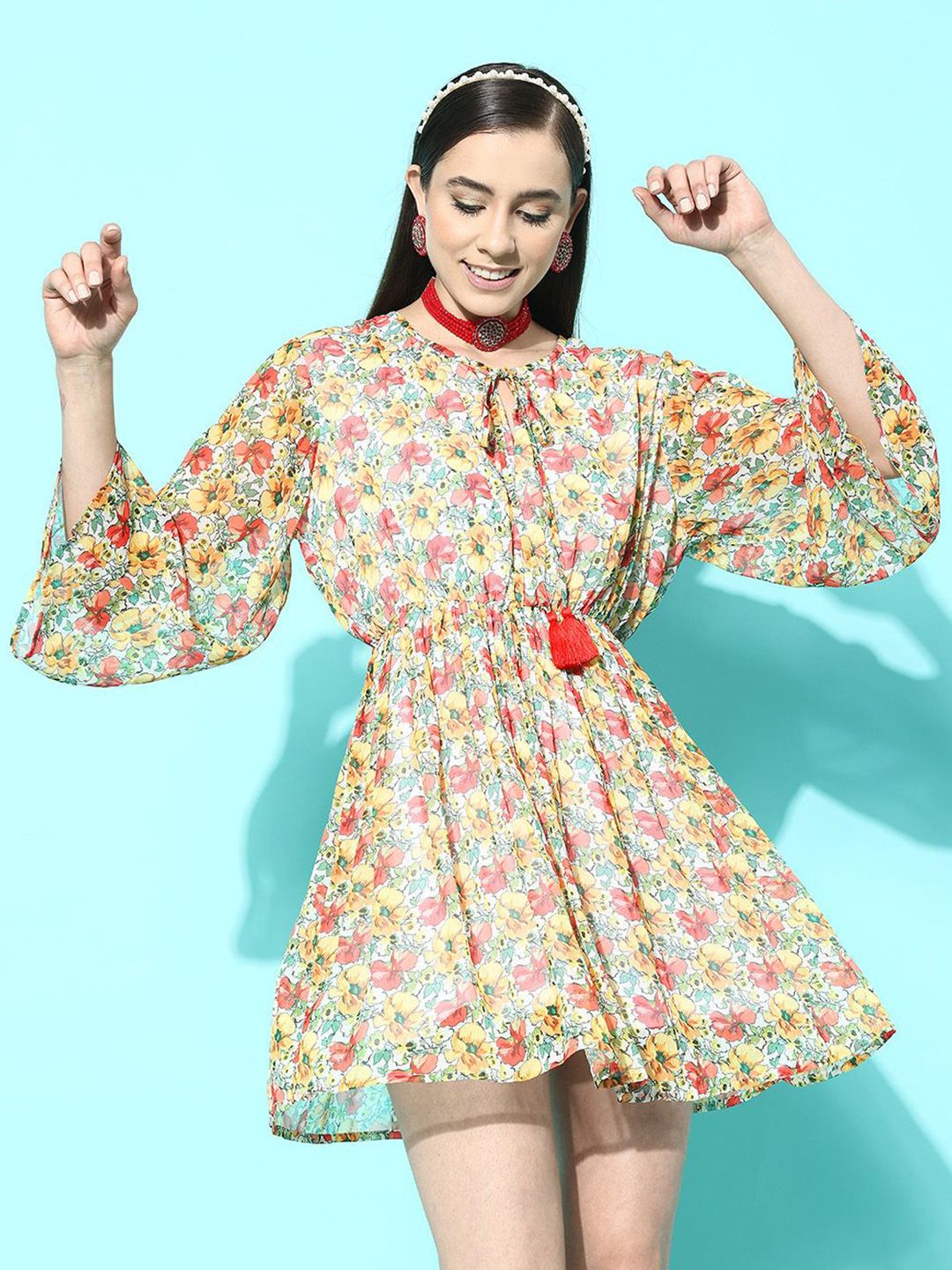 Indo Era Floral Print Tie-Up Neck Puff Sleeve Georgette A-Line Dress