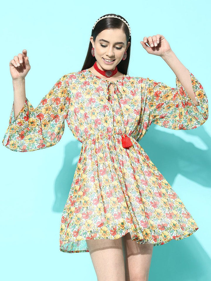Indo Era Floral Print Tie-Up Neck Puff Sleeve Georgette A-Line Dress