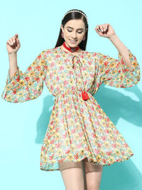 Indo Era Floral Print Tie-Up Neck Puff Sleeve Georgette A-Line Dress