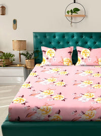 KLOTTHE Pink Floral Cotton 300 TC Fitted King Fine Bedsheet dengan 2 Sarung Bantal-98 x 89 inci