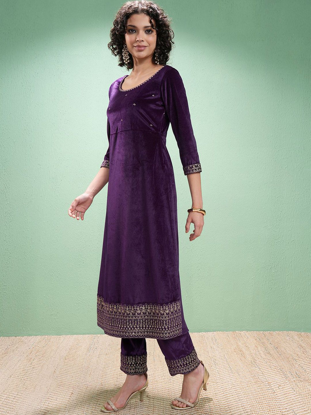 Vishudh Floral Yoke Design Zari Velvet A-Line Kurta With Trouser