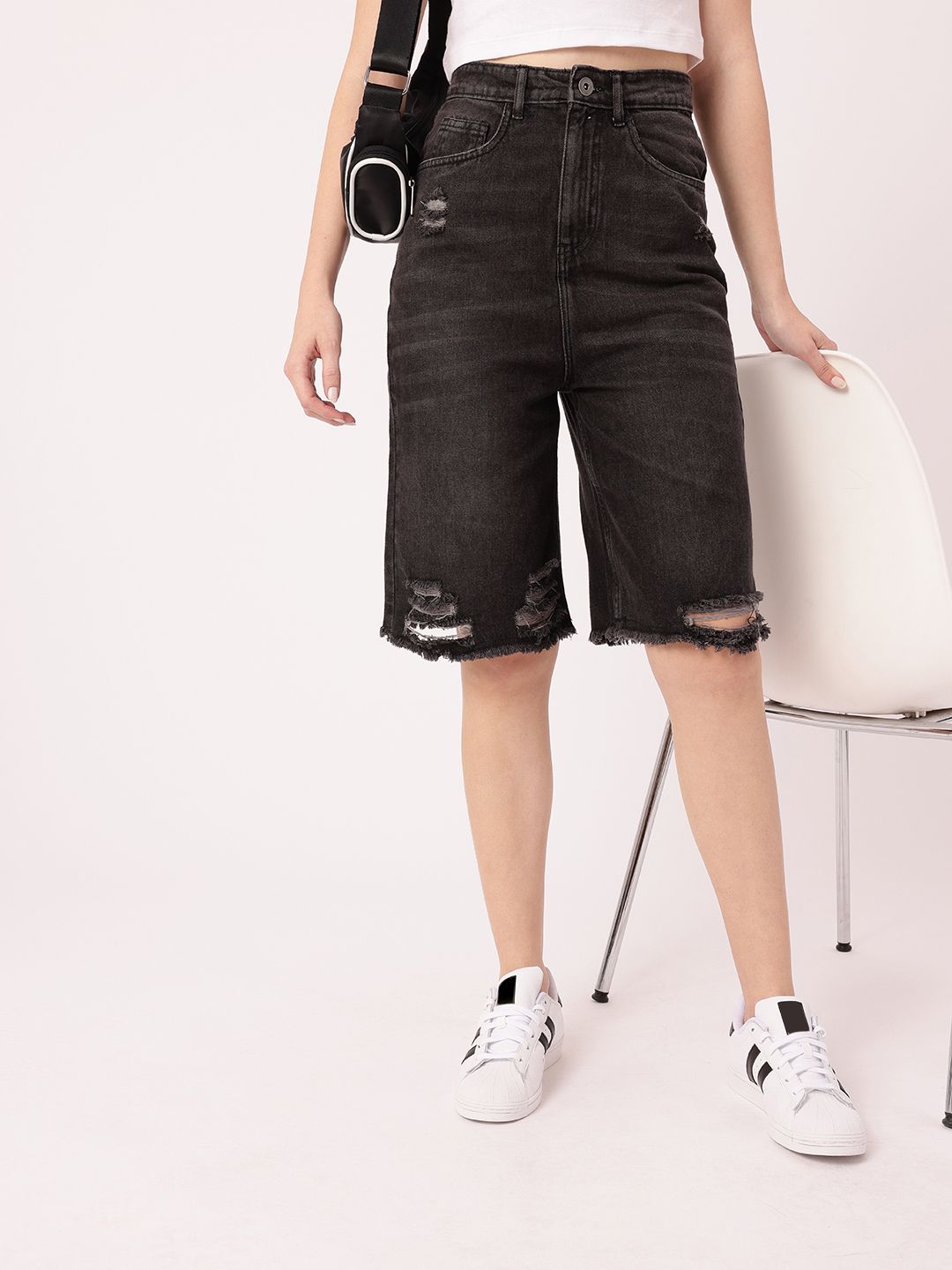 DressBerry Women Edgy Grunge Washed Distressed High-Rise Relaxed Fit Denim Shorts