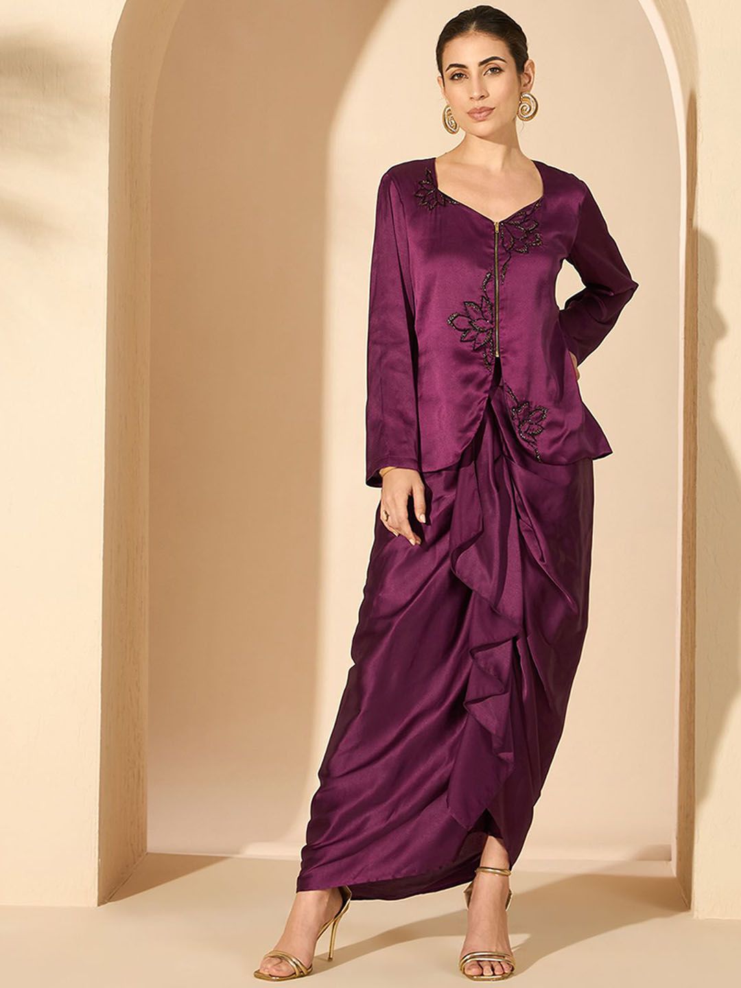 Antheaa 100% Satin Embellished Square Neck Top with Skirt