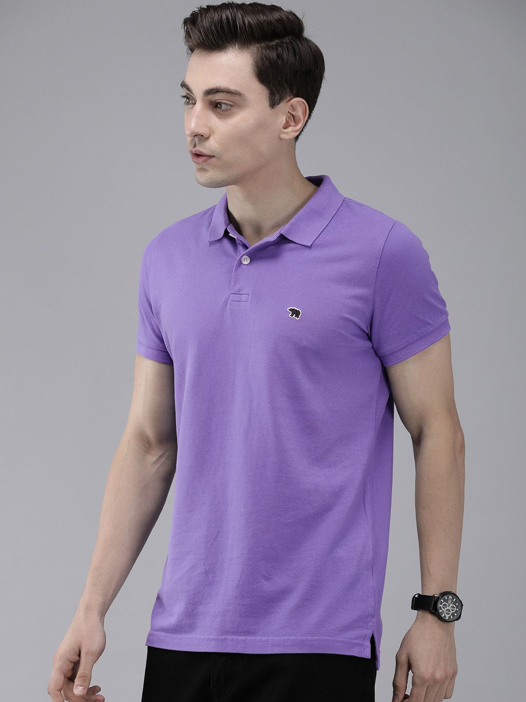 THE BEAR HOUSE Men Purple Polo Collar Pure Cotton Slim Fit T-shirt