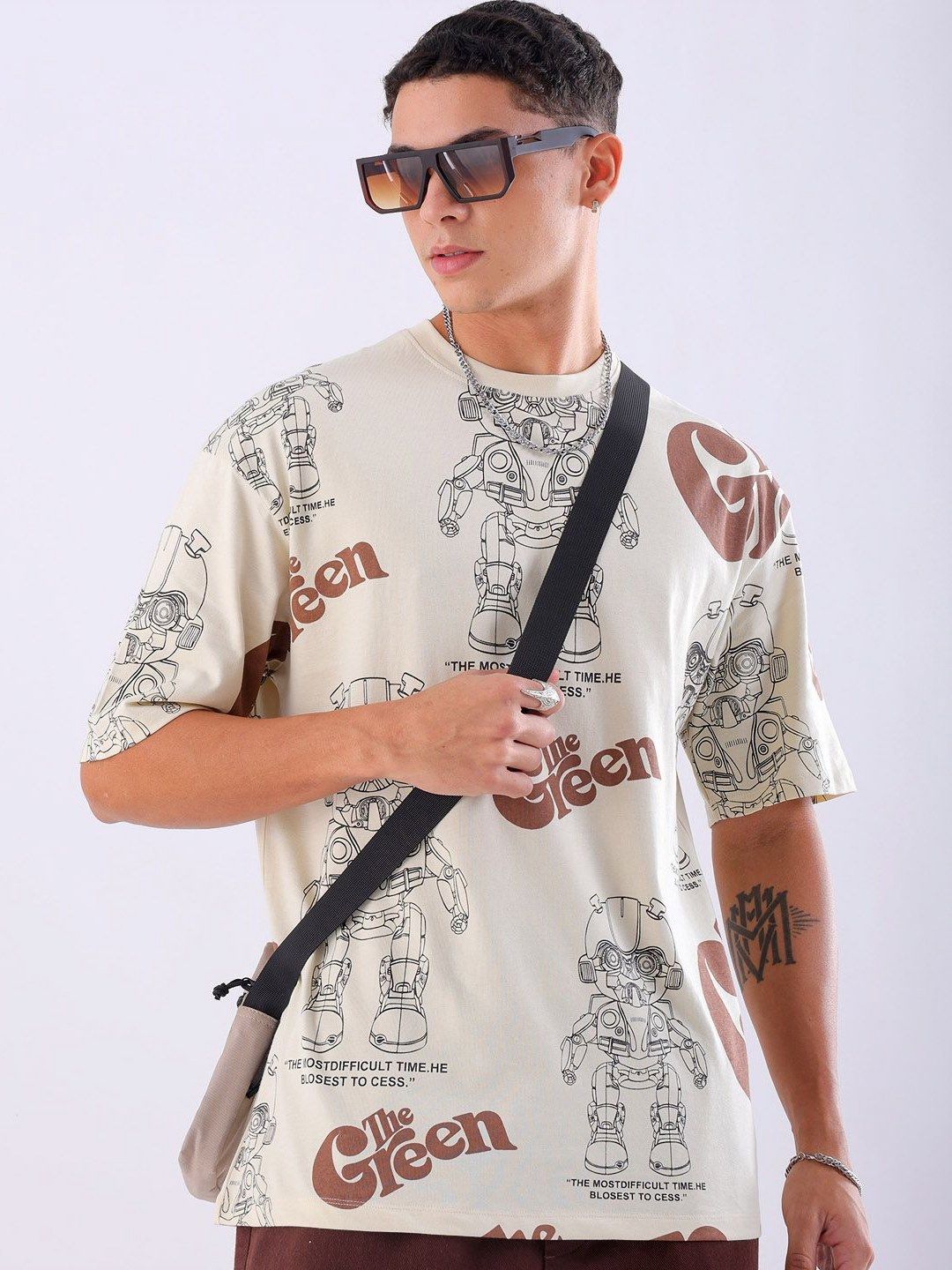 The Indian Garage Co Men Typography Printed Round Neck Cotton Oversized T-shirt