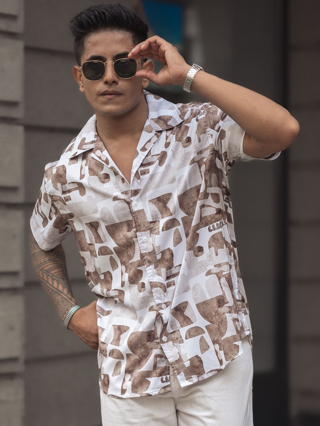 Powerlook Men Cuban Collar Graphic Printed Casual Shirt