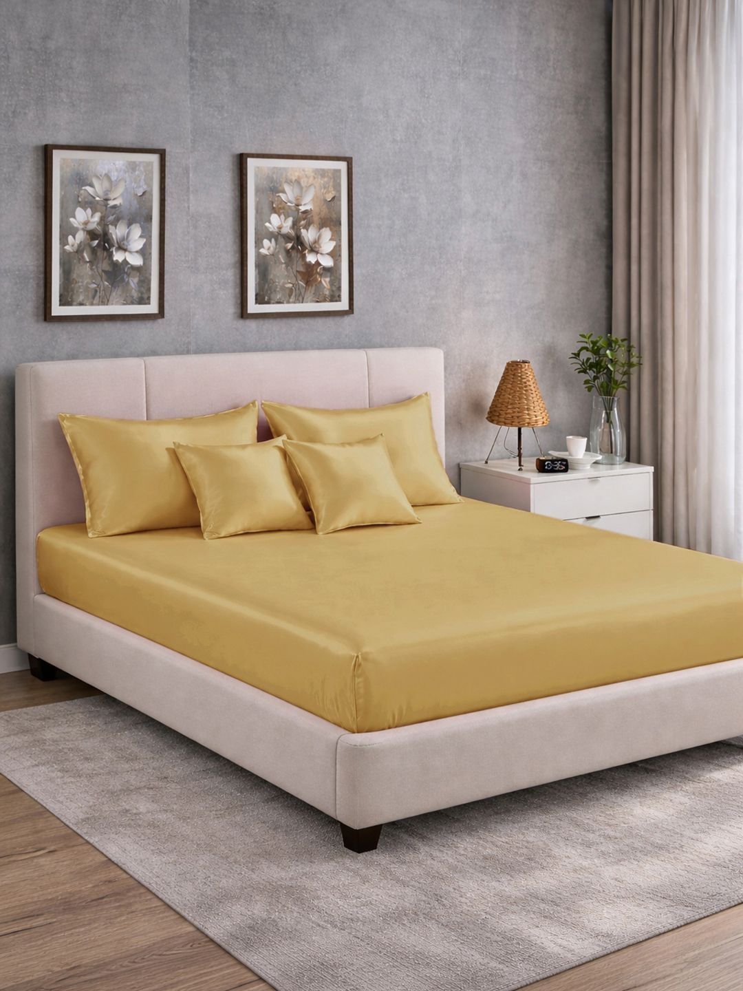 KLOTTHE Yellow 400TC Satin Super King Cadar Katil Double & 2 Sarung Bantal & 2 Sarung Kusyen