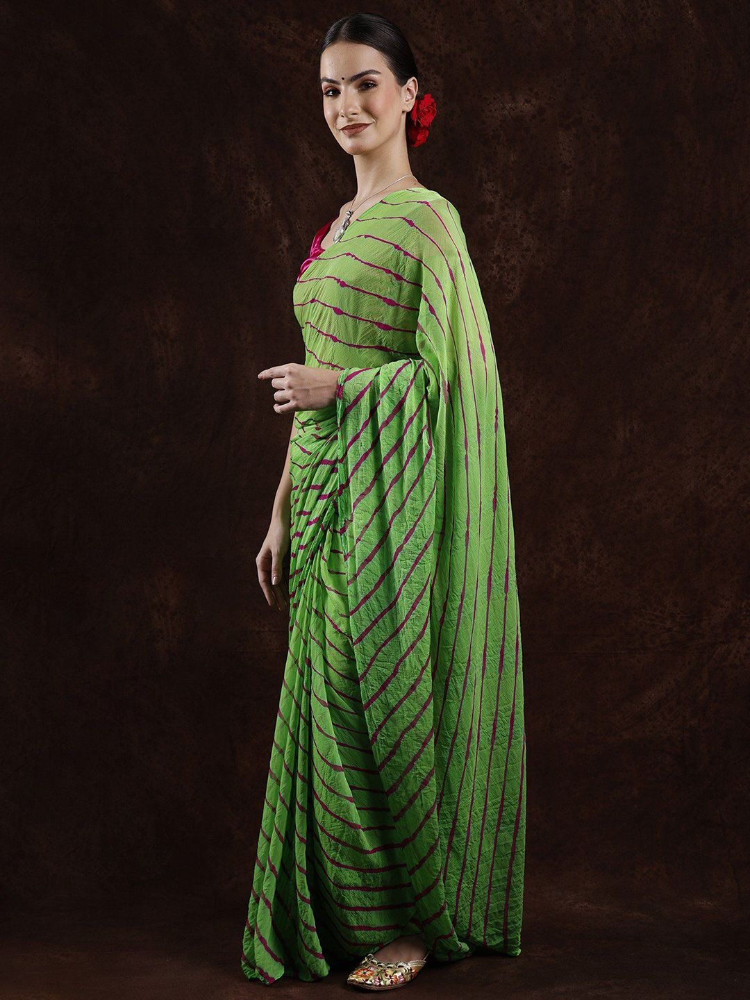 Exotic India Summer Green Leharia Tie-Dye Chiffon Saree