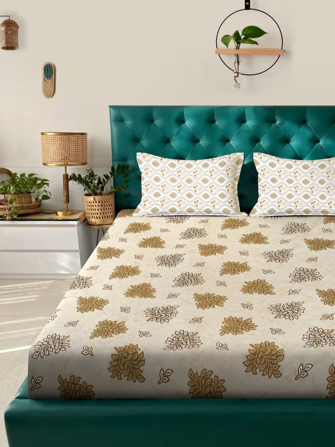 KLOTTHE Daun Kuning Kapas Tulen 400 TC Cadar King Halus dengan 2 Sarung Bantal-98 x 89 inci