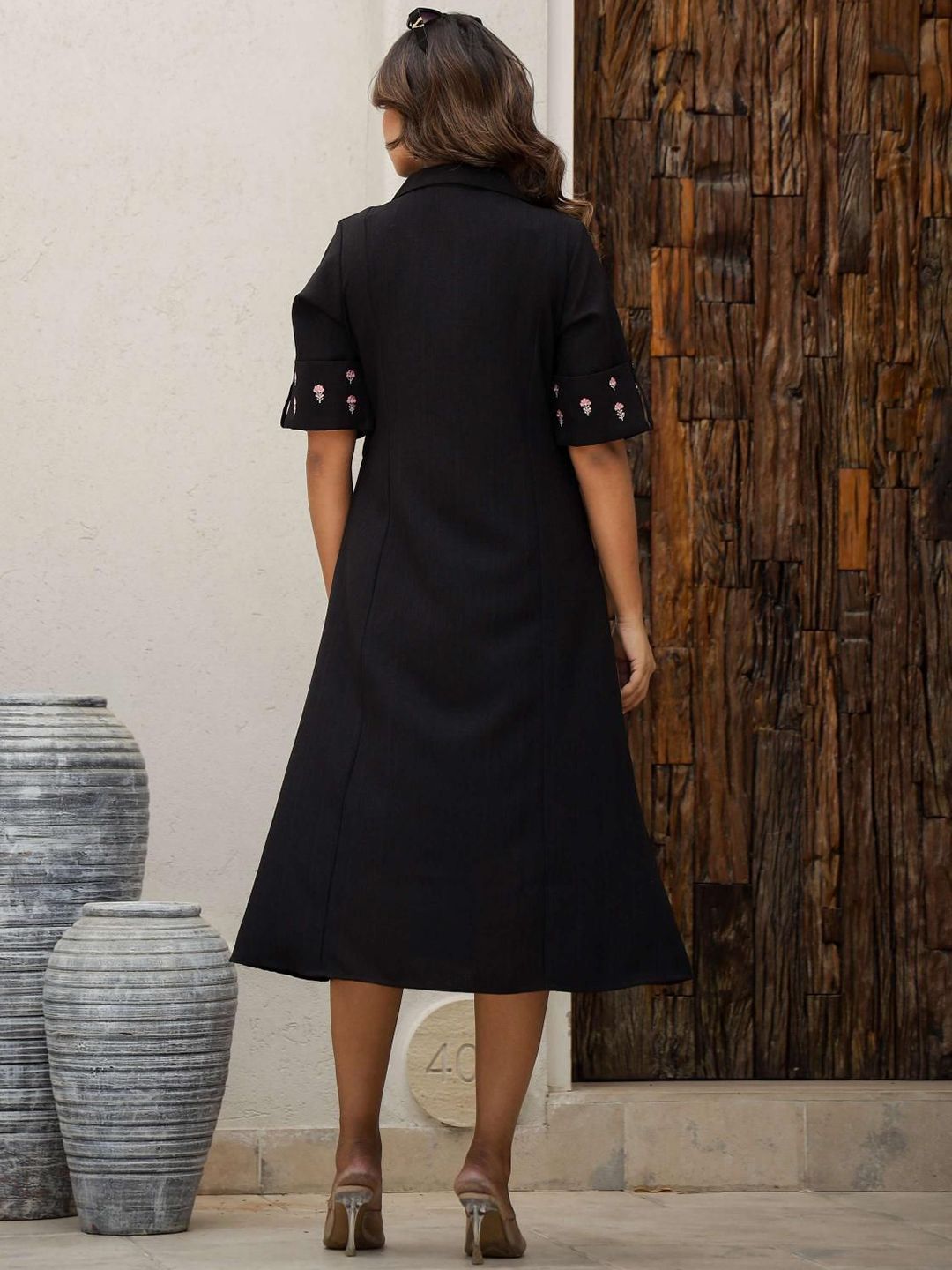 Mamicha Noir  Women Floral Embroidered Shirt Midi Dress