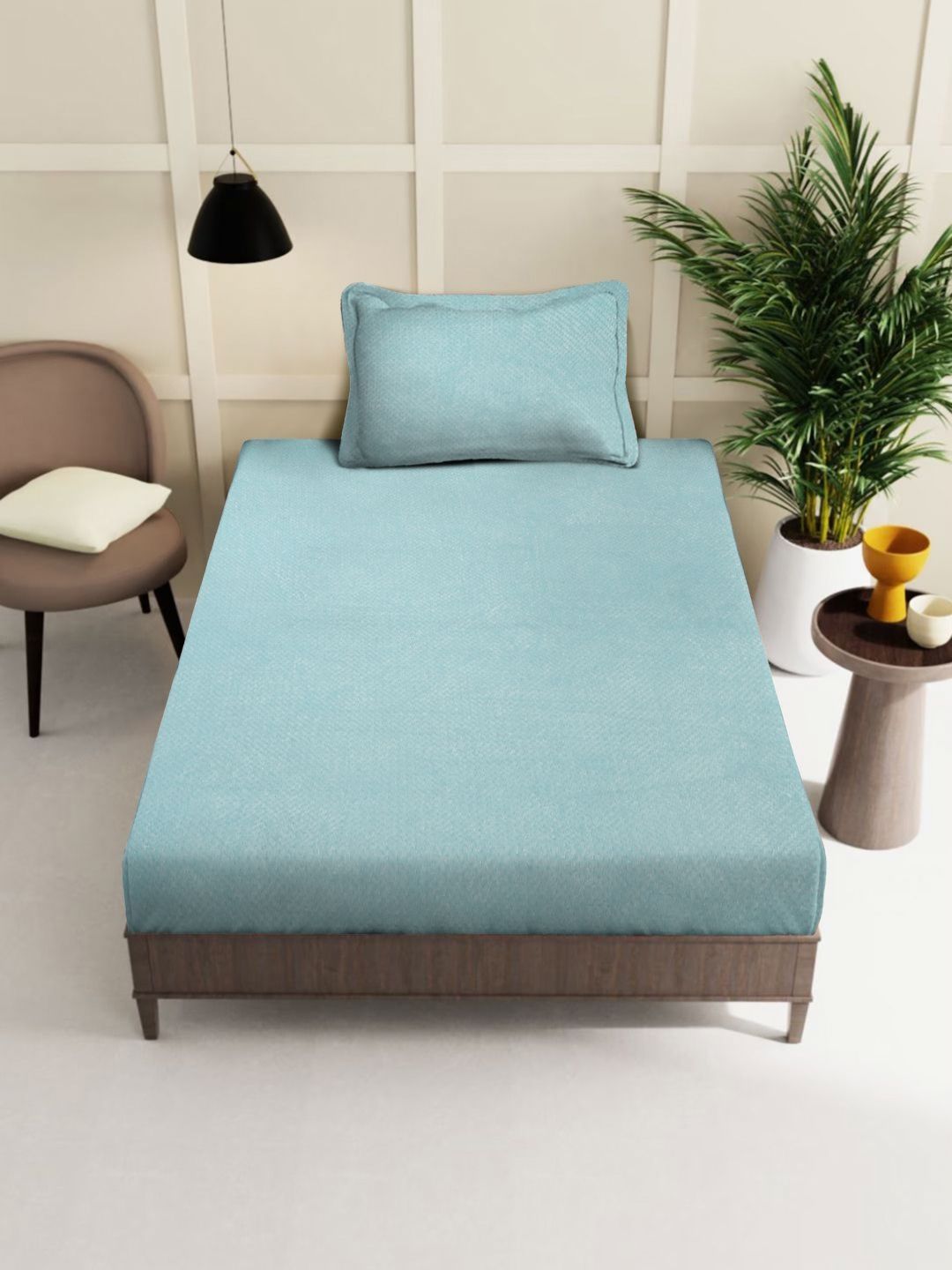 KLOTTHE Turquoise Blue Abstract 300TC Woolen Single Fitted Bedsheet & 1 Pillow Cover