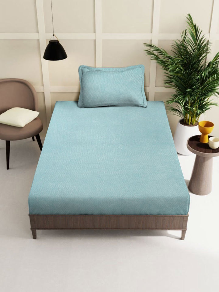 KLOTTHE Turquoise Blue Abstract 300TC Woolen Single Fitted Bedsheet & 1 Pillow Cover