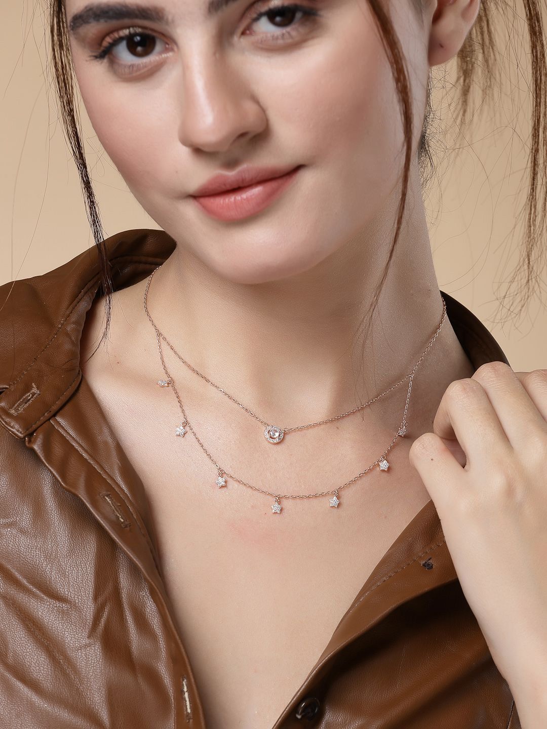 PANASH 925 Sterling Silver Rose Gold-Plated Layered CZ-Studded Solitaire Necklace
