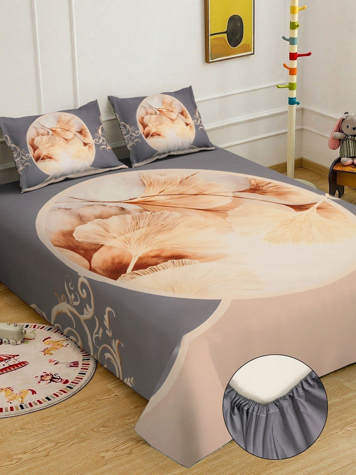 KLOTTHE Grey & Beige Floral Printed Dilengkapi Cadar Katil King 300 TC Dengan 2 Sarung Bantal