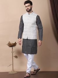 Kurta Kolar Mandarin Bercetak Motif Etnik Hitam Anouk dengan Jaket Churidar & Nehru