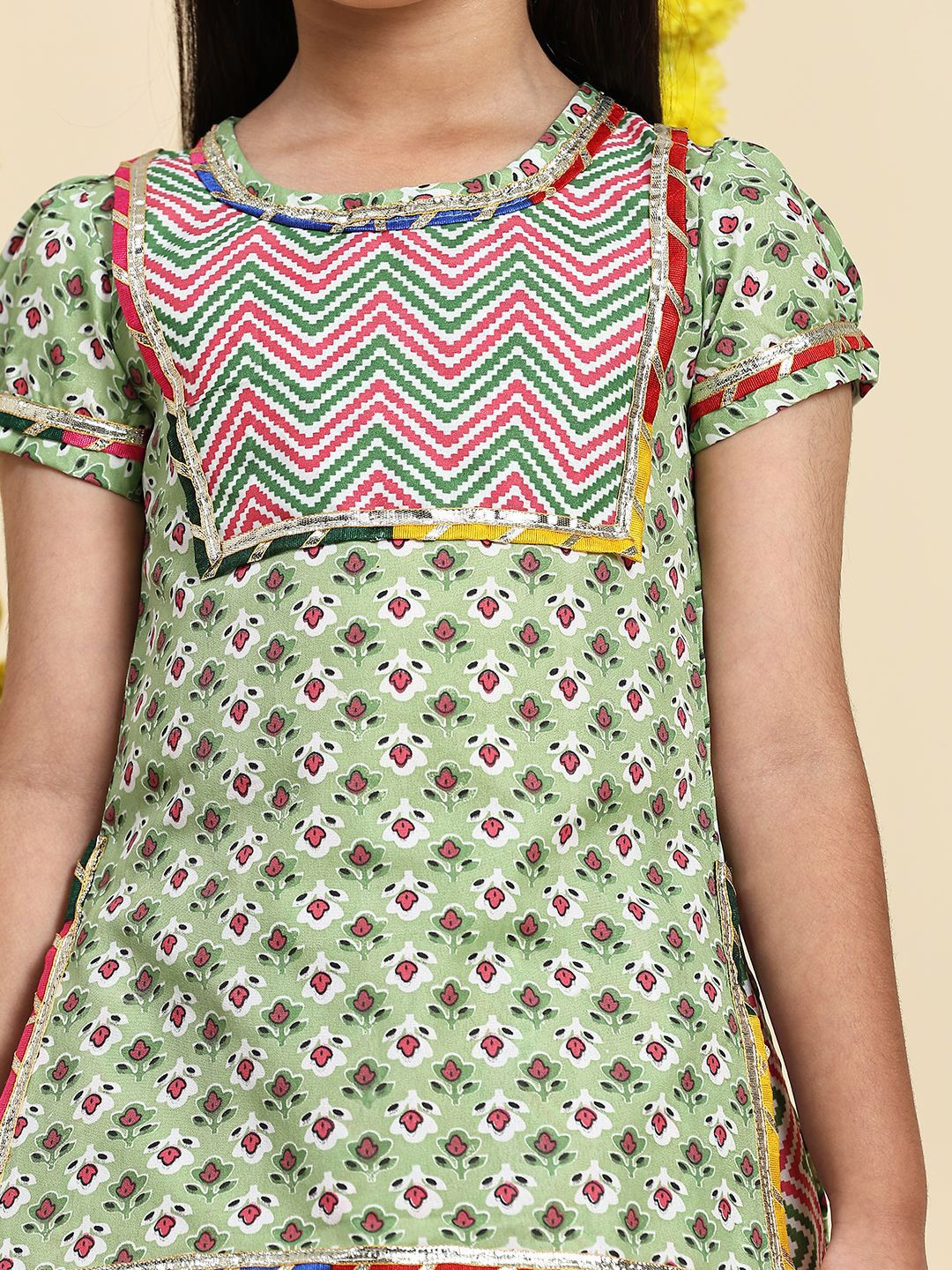 Cutiekins Girls Floral Printed Gotta Patti Pure Cotton Straight Kurta With Skirt & Dupatta