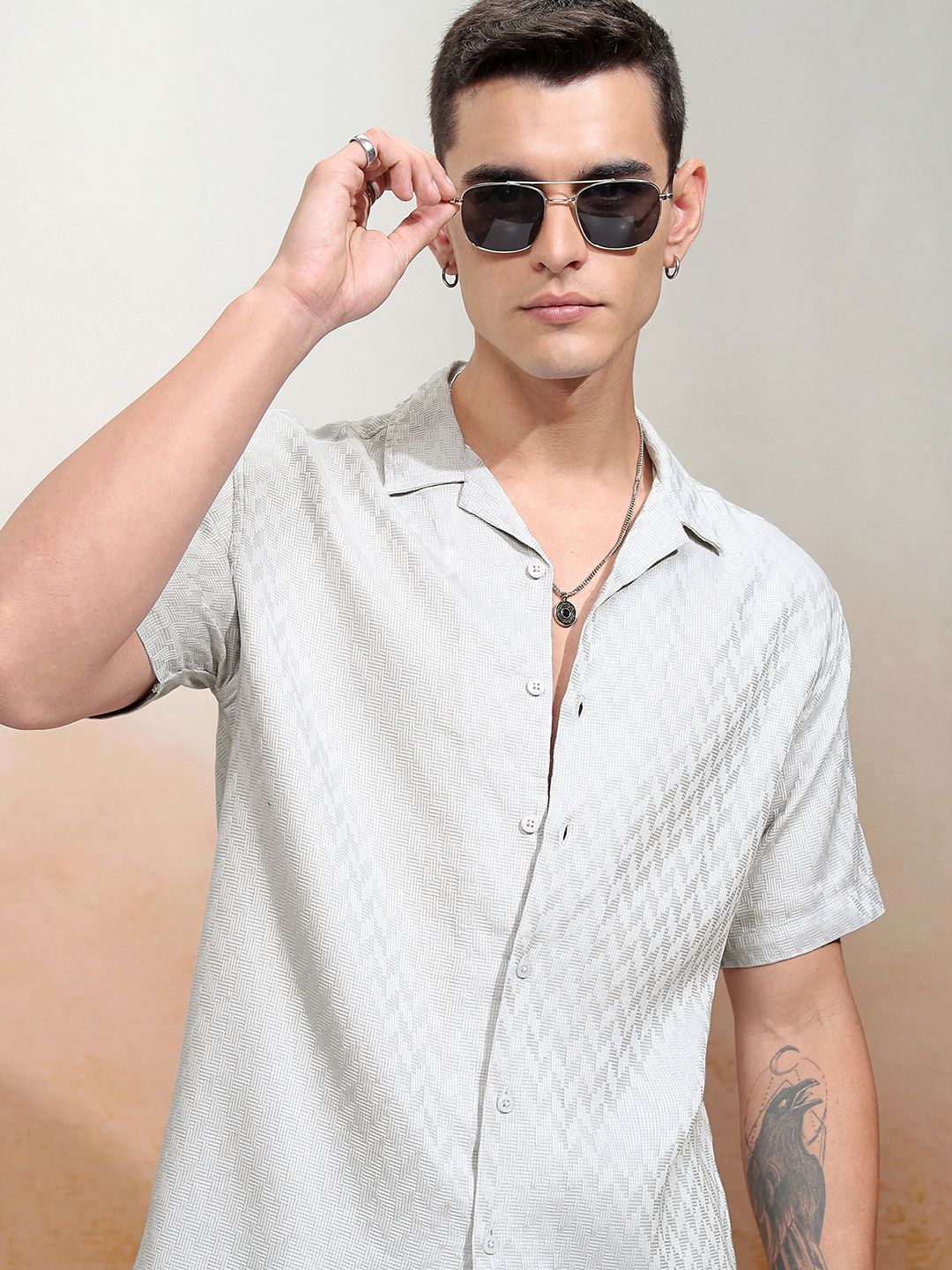 HIGHLANDER Men Dobby Textured Solid Cuban Collar Relaxed Shirt