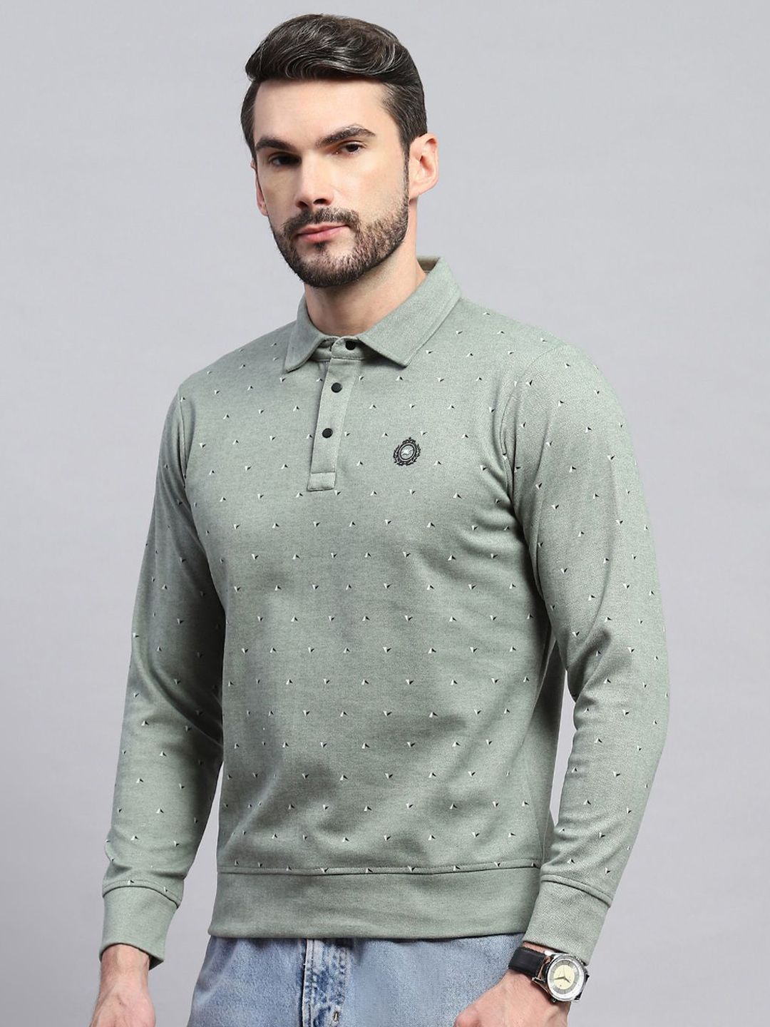 Monte Carlo Men Shirt Collar Geometric Printed Cotton Sweatshirt