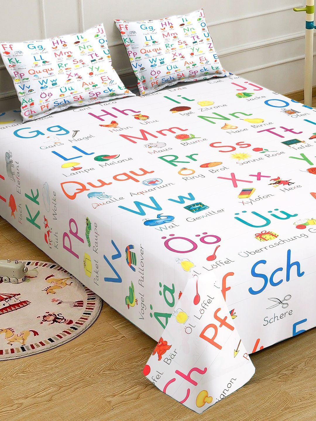 KLOTTHE White & Pink Cartoon Printed Flat 300 TC King Fine Bedsheet With 2 Pillow Cover